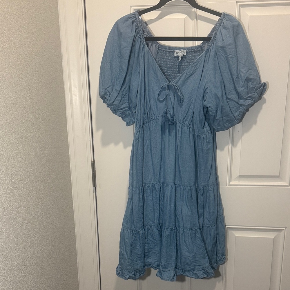 Jessica Simpson Sky Blue Puff-Sleeve Tiered Mini Dress